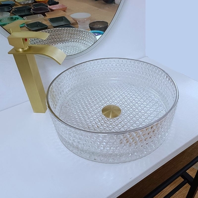 Cuvette en verre artistique debout libre en verre de navire de lavabo de 10 pouces avec le bord argenté