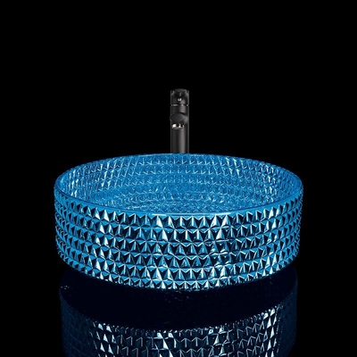 Lavabo en verre moderne bleu plaqué, évier en verre bleu de navire