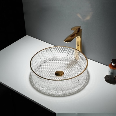 Évier en verre rond de navire de salle de bains du lavabo de bord d'or 45mm