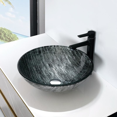 Gravure du dessin supérieur de main d'évier de salle de bains de noir de lavabo de table ronde