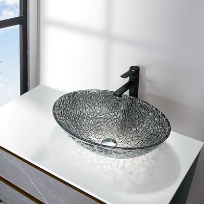 Cuvette passée au bichromate de potasse de lavabo de salle de bains au-dessus de contre- cristal moderne argenté ovale