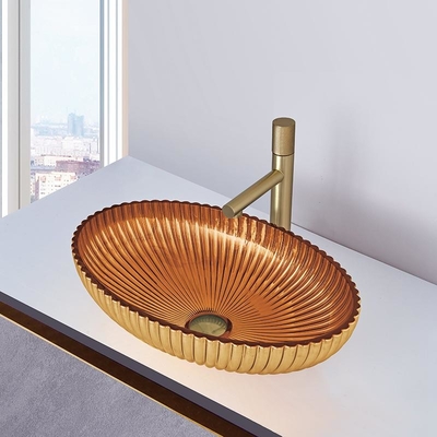 Cuvette ovale de bassin d'évier de salle de bains de couleur d'or de Crystal Glass Vessel Basins In 24K de forme