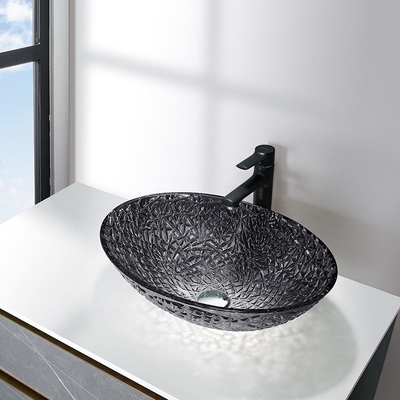 Éviers de coulage sous pression noirs transparents de partie supérieure du comptoir de salle de bains de Crystal Glass Wash Basin Bowl