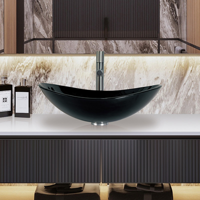 Hauts lavabos noirs brillants en verre de salle de bains de dessus de Tableau de forme de bateau d'évier de verre trempé