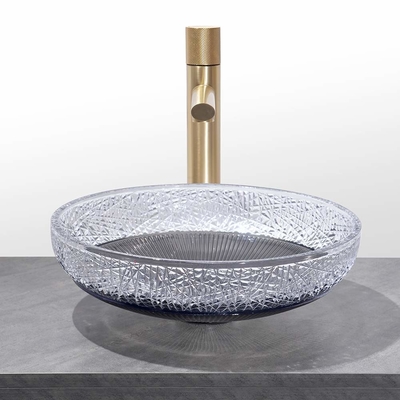 Bassins de récipients en verre rond avec fond noir pour installation au-dessus du comptoir