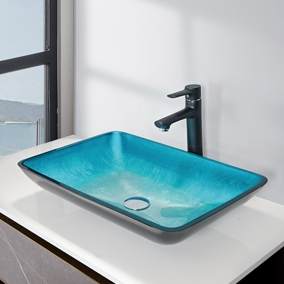 Évier bleu de navire de rectangle de verre trempé 560 * 360 * 110mm avec le robinet
