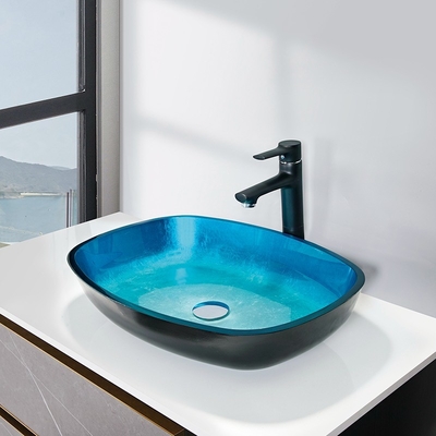 Le navire rectangulaire fait main de bleu de ciel descend le verre trempé 12mm