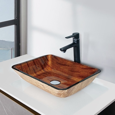 Les lavabos rectangulaires de salle de bains d'OEM écorcent l'évier fait main de navire de verre trempé de Brown