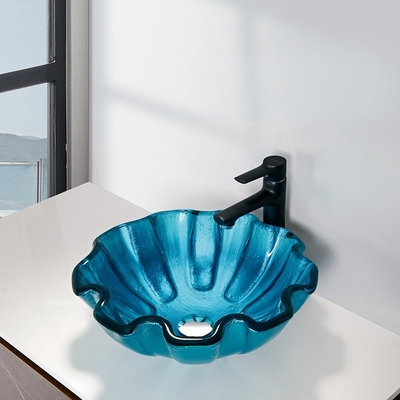 Forme ronde de fleur de partie supérieure du comptoir de la salle de bains 150mm de vert de cuvette de bassin de verre trempé