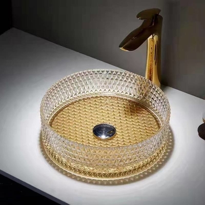 les bassins en verre de navire de 360mm balayent la cuvette en verre claire d'évier d'hôtel du fond d'or