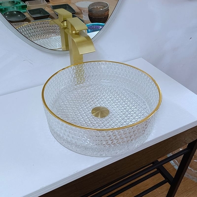 Évier en verre rond de navire de salle de bains du lavabo de bord d'or 45mm
