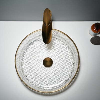 Évier en verre rond de navire de salle de bains du lavabo de bord d'or 45mm