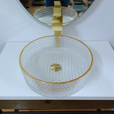 Évier en verre rond de navire de salle de bains du lavabo de bord d'or 45mm