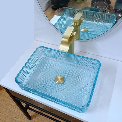460mm Longueur Vaisseau rectangulaire éviers salle de bain en verre 330mm largeur de l'eau Couleur bleue