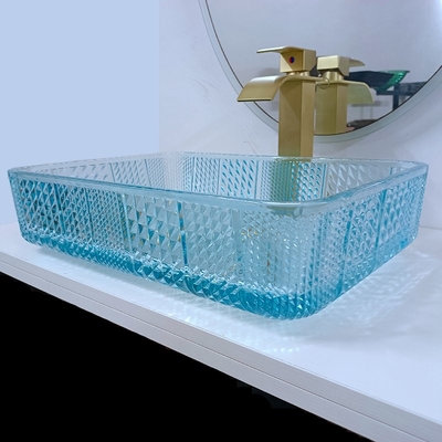460mm Longueur Vaisseau rectangulaire éviers salle de bain en verre 330mm largeur de l'eau Couleur bleue