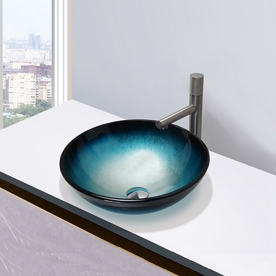Propre facile de noir d'évier de verre trempé de salle de bains de cuvette ronde bleue de lavabo