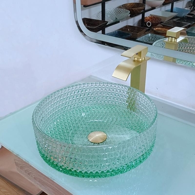 Diamond Shape Crystal Glass Vessel descend le fond de vert de lavabo de dessus de Tableau