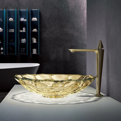 Partie supérieure du comptoir de Crystal Vessel Sinks Yellow Color de lavabo en verre de forme de boule d'OEM