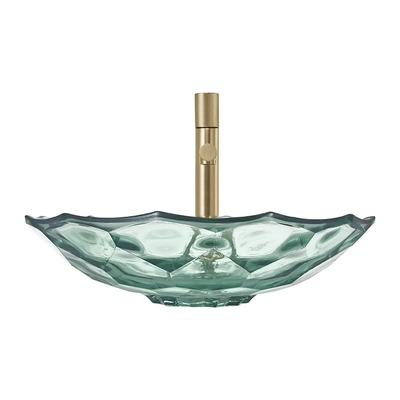 Le navire vert clair en verre de couleur formé par boule moderne de lavabo descend le bruit vers le haut du drain