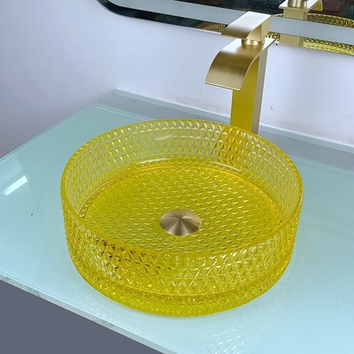 Crystal Glass Wash Basin Cylindrical jaune forment l'évier de navire de partie supérieure du comptoir