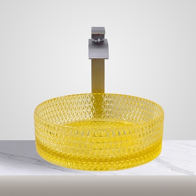Le meuble de salle de bains en verre moderne de lavabo de cylindre coule la couleur jaune transparente