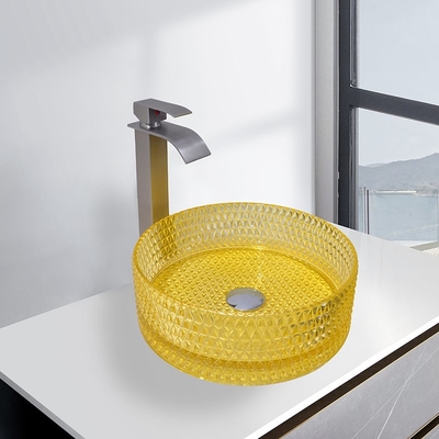 Le meuble de salle de bains en verre moderne de lavabo de cylindre coule la couleur jaune transparente