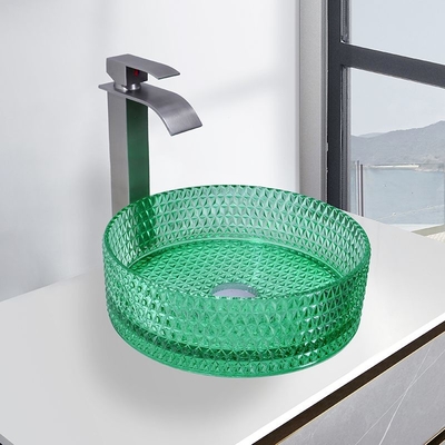 Lavabos de salle de bains de bassin de cuvette en verre fixé au mur vert transparent