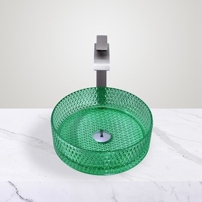 Lavabos de salle de bains de bassin de cuvette en verre fixé au mur vert transparent