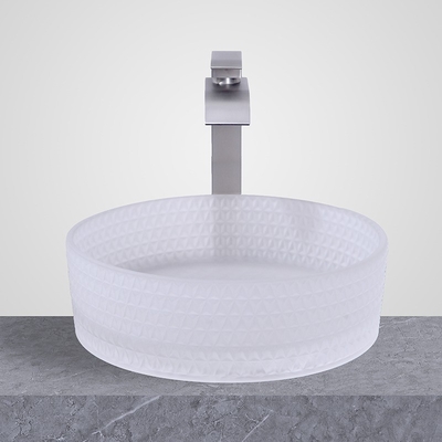 Lavabo en verre de forme de cylindre avec l'endroit central de drain Bassins en verre mats acides de navire