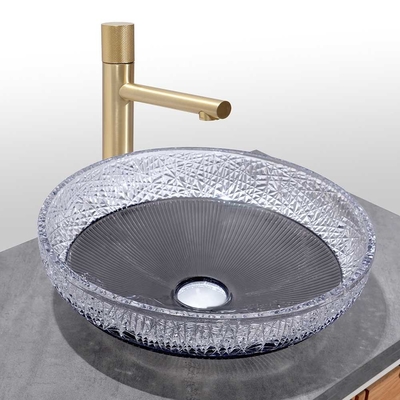 Bassins de récipients en verre rond avec fond noir pour installation au-dessus du comptoir