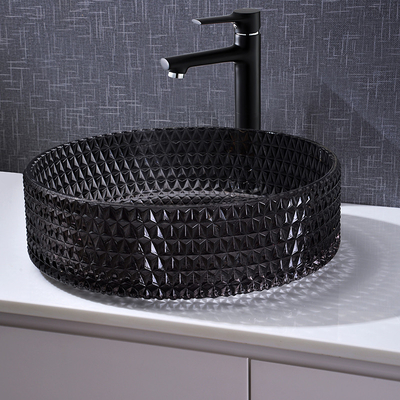 Diamond Shape Crystal Wash Basin évier rond noir transparent de partie supérieure du comptoir de 22 pouces
